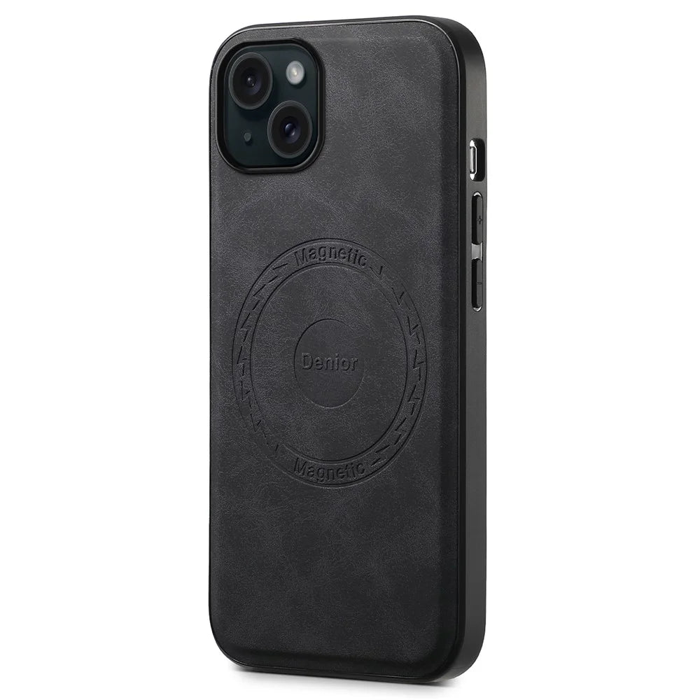 DENIOR A11 For iPhone 15 Magnetic Phone Case Leather Coated PC+TPU Hybrid Cover - Black - 1