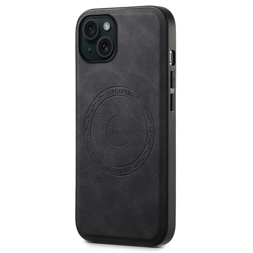 DENIOR A11 For iPhone 15 Magnetic Phone Case Leather Coated PC+TPU Hybrid Cover - Black - 1