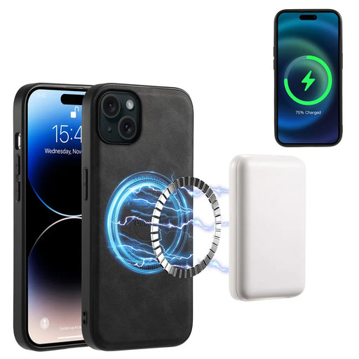 DENIOR A11 For iPhone 15 Magnetic Phone Case Leather Coated PC+TPU Hybrid Cover - Black - 2