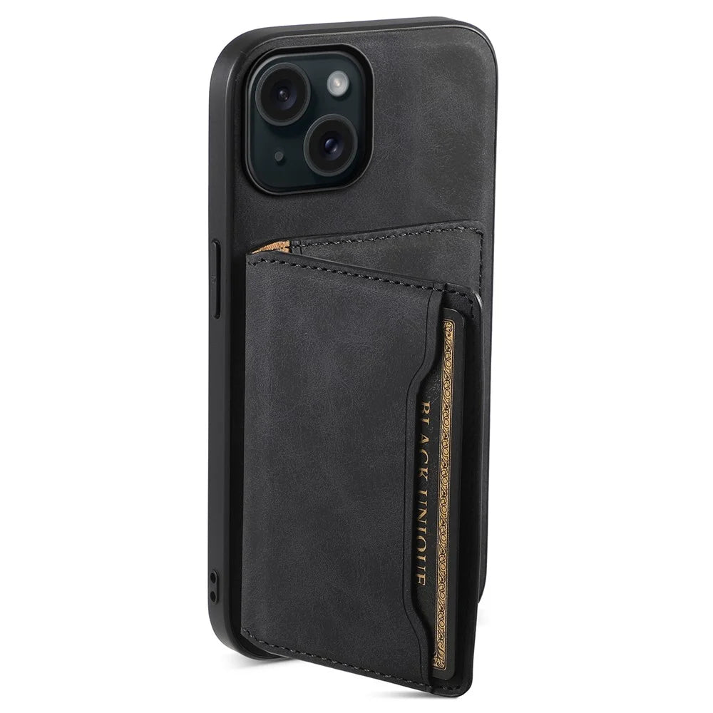 DENIOR D13 For iPhone 15 Case PC+TPU+PU Leather Phone Cover with Detachable Magnetic Card Holder - Black - 4