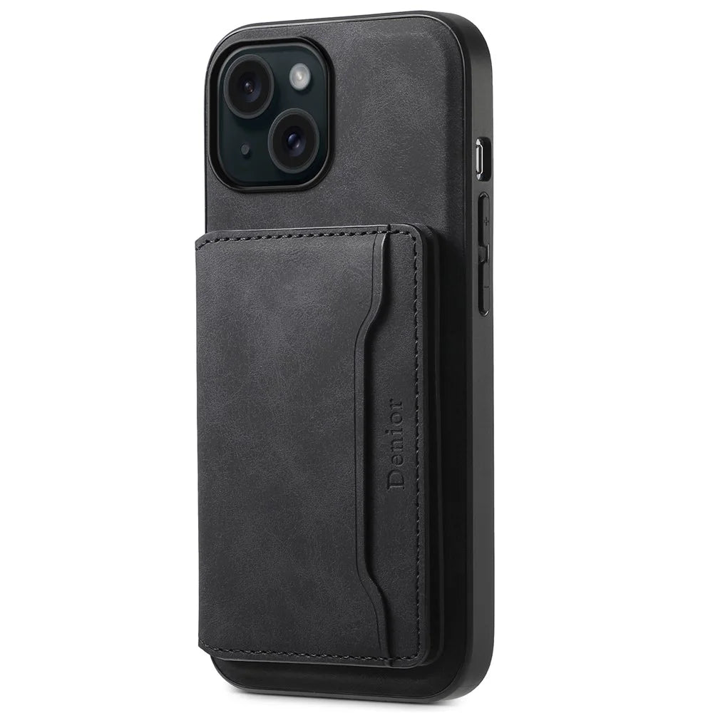 DENIOR D13 For iPhone 15 Plus Anti-Drop Magnetic Leather+TPU+PC Phone Cover with Card Bag - Black - 5