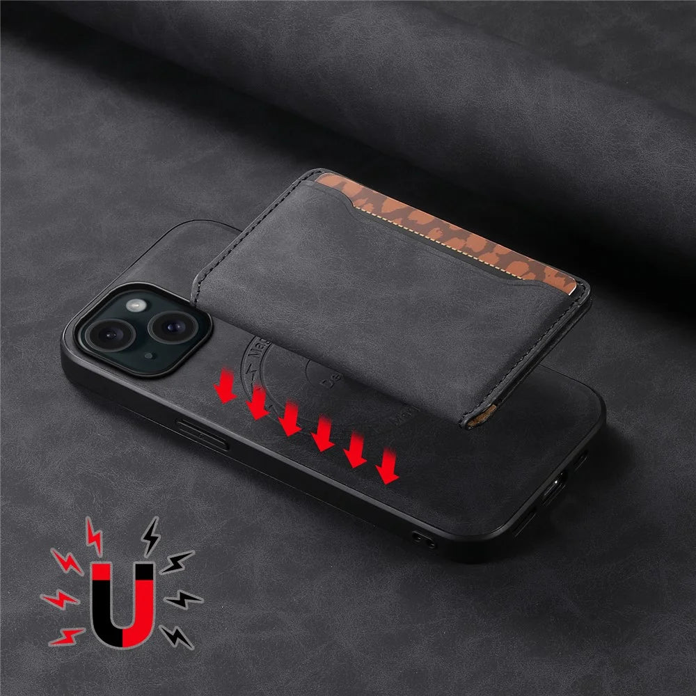 DENIOR D13 For iPhone 15 Plus Anti-Drop Magnetic Leather+TPU+PC Phone Cover with Card Bag - Black - 7