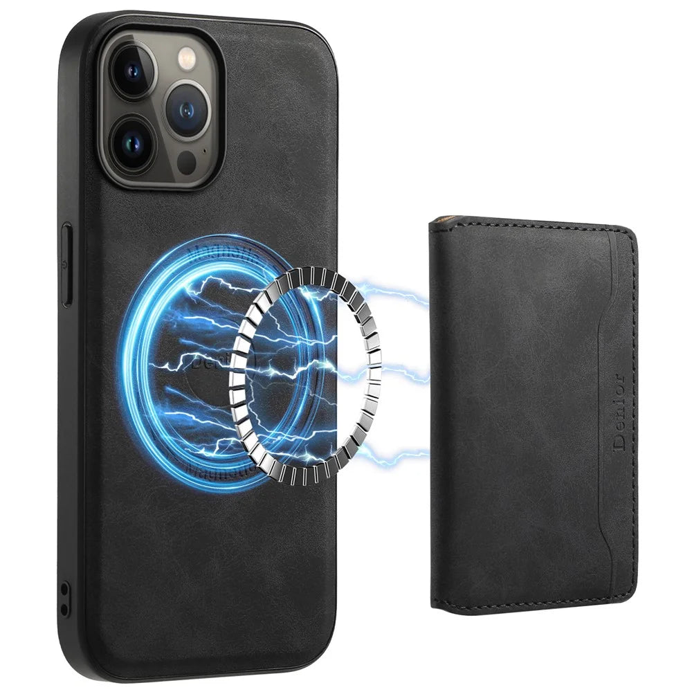 DENIOR D13 For iPhone 13 Pro Max 6.7 inch Case Magnetic Leather+TPU+PC Phone Cover with Card Bag - Black - 1