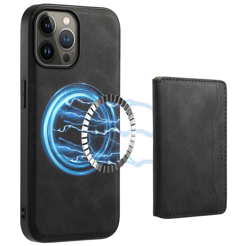 DENIOR D13 For iPhone 13 Pro Max 6.7 inch Case Magnetic Leather+TPU+PC Phone Cover with Card Bag - Black - 1
