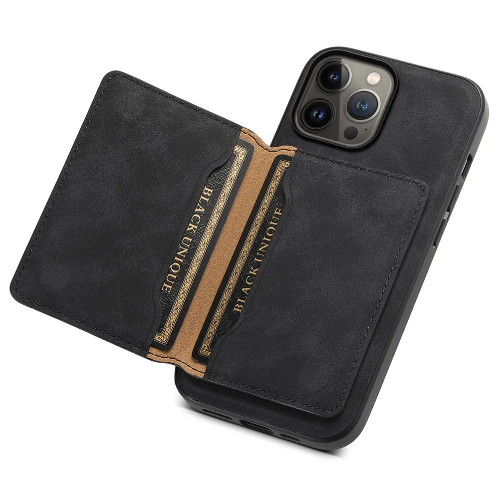 DENIOR D13 For iPhone 13 Pro Max 6.7 inch Case Magnetic Leather+TPU+PC Phone Cover with Card Bag - Black - 3