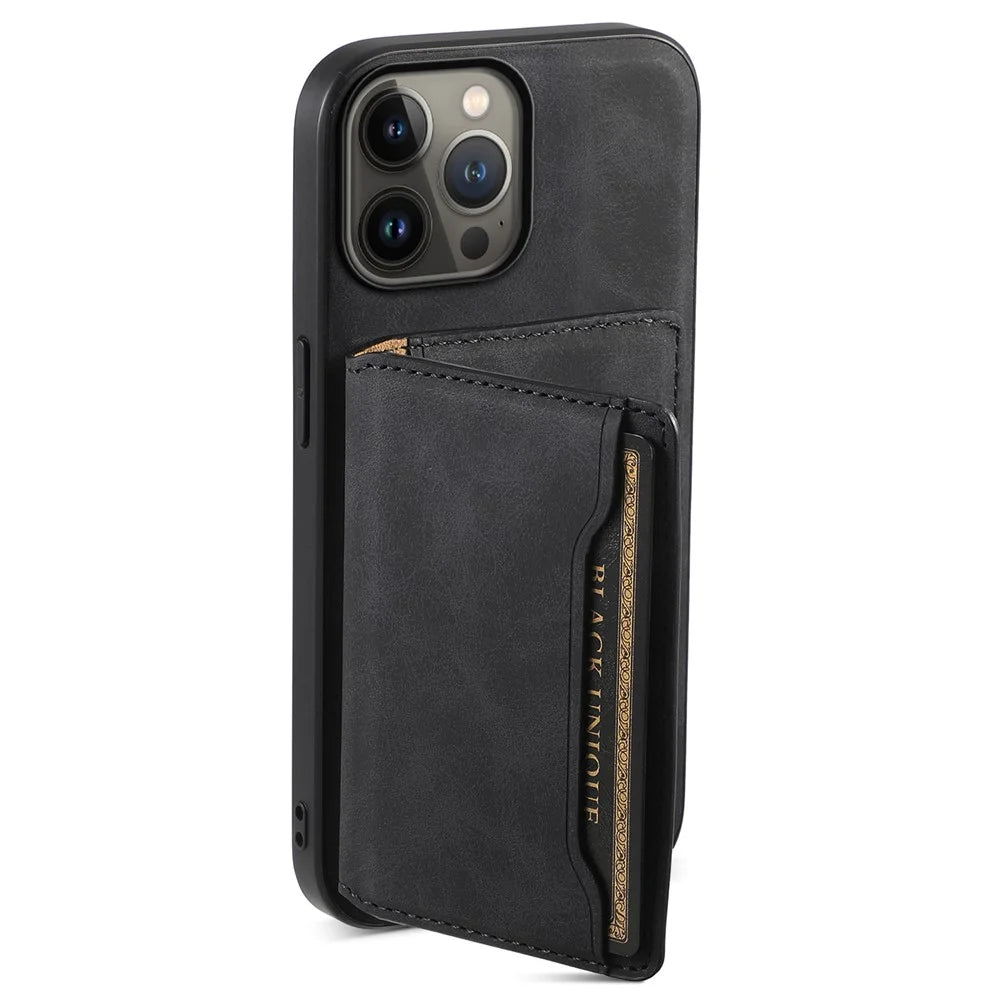 DENIOR D13 For iPhone 13 Pro Max 6.7 inch Case Magnetic Leather+TPU+PC Phone Cover with Card Bag - Black - 4