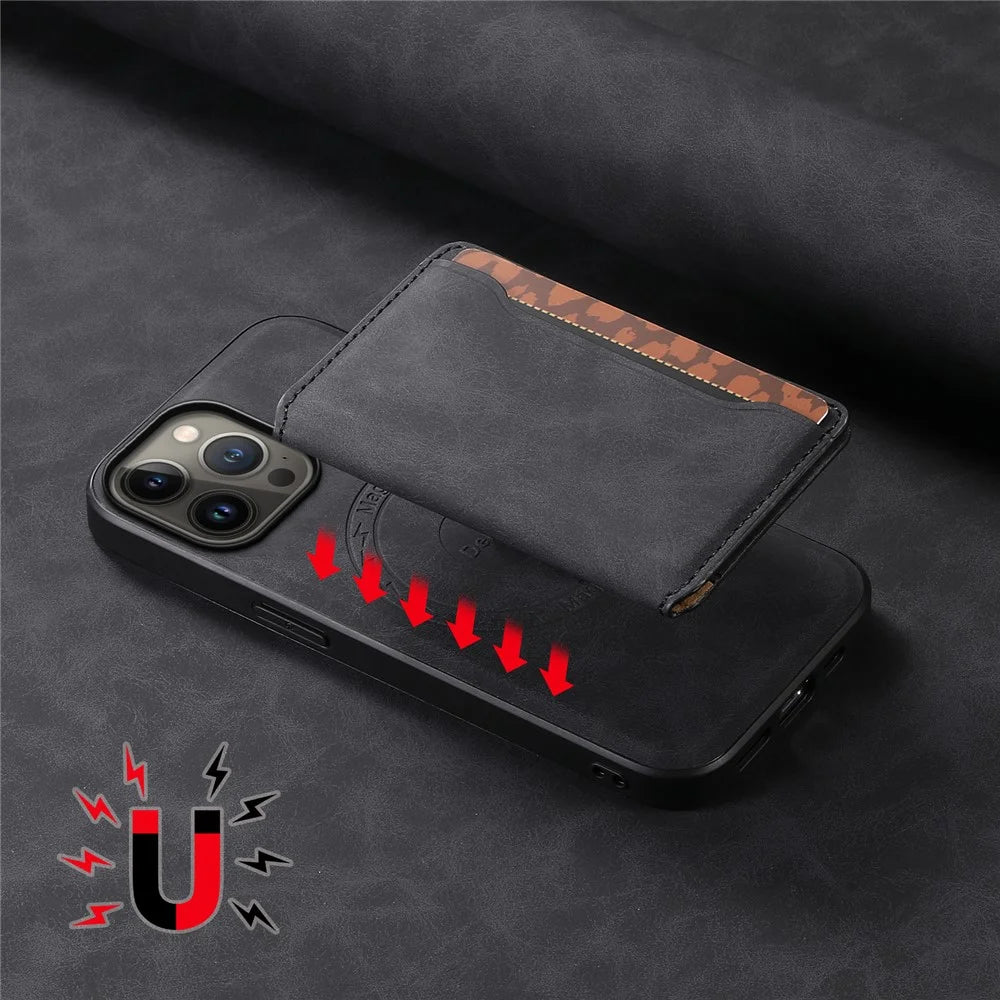 DENIOR D13 For iPhone 13 Pro Max 6.7 inch Case Magnetic Leather+TPU+PC Phone Cover with Card Bag - Black - 7