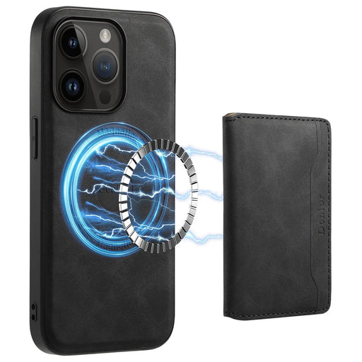 DENIOR D13   Phone Case for iPhone 14 Pro PC+TPU+PU Leather Phone Protector with Detachable Magnetic Card Holder - Black - 1