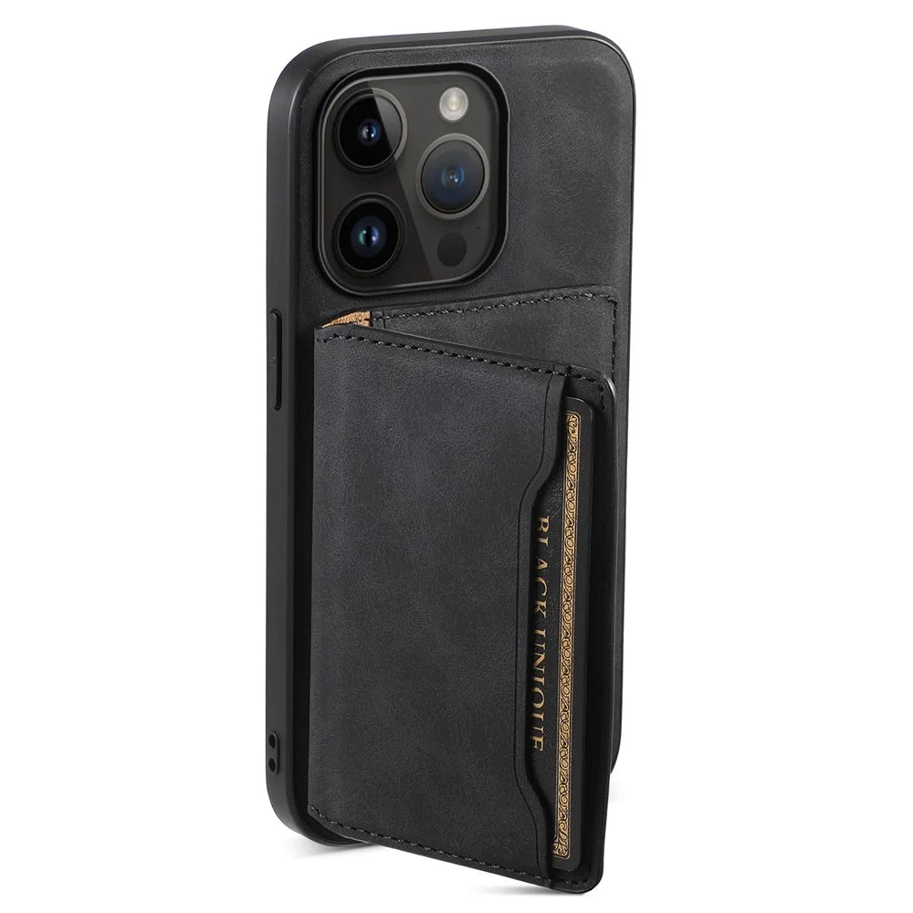 DENIOR D13   Phone Case for iPhone 14 Pro PC+TPU+PU Leather Phone Protector with Detachable Magnetic Card Holder - Black - 4