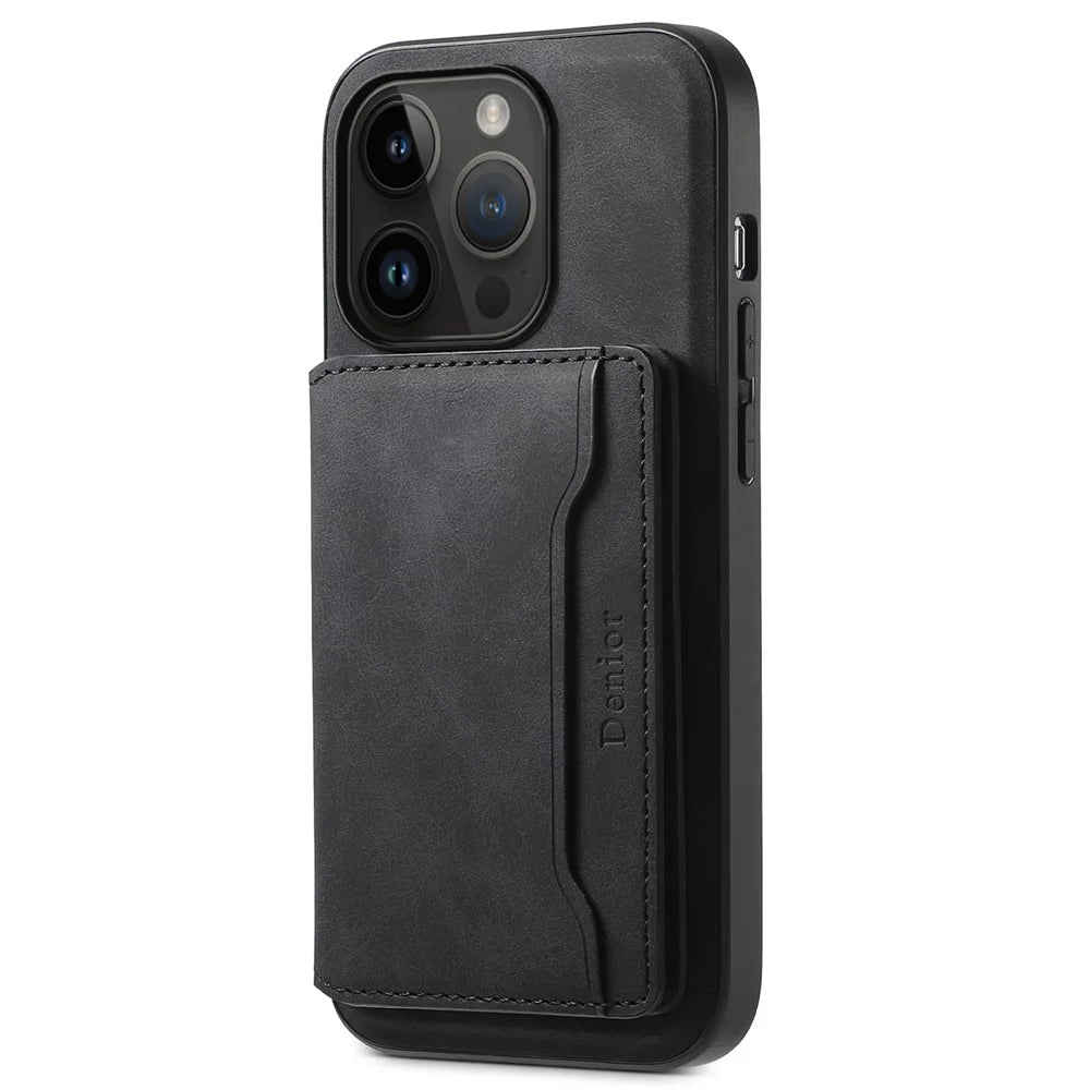 DENIOR D13   Phone Case for iPhone 14 Pro PC+TPU+PU Leather Phone Protector with Detachable Magnetic Card Holder - Black - 5