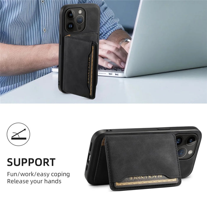 DENIOR D13   Phone Case for iPhone 14 Pro PC+TPU+PU Leather Phone Protector with Detachable Magnetic Card Holder - Black - 6