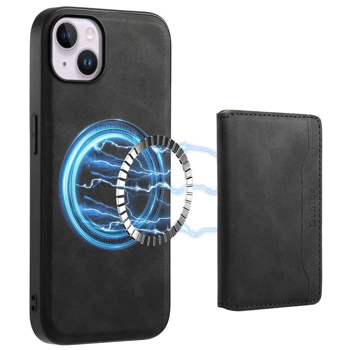 DENIOR D13 For iPhone 14 Plus Magnetic Leather+TPU+PC Bump Proof Phone Cover with Card Bag - Black - 1