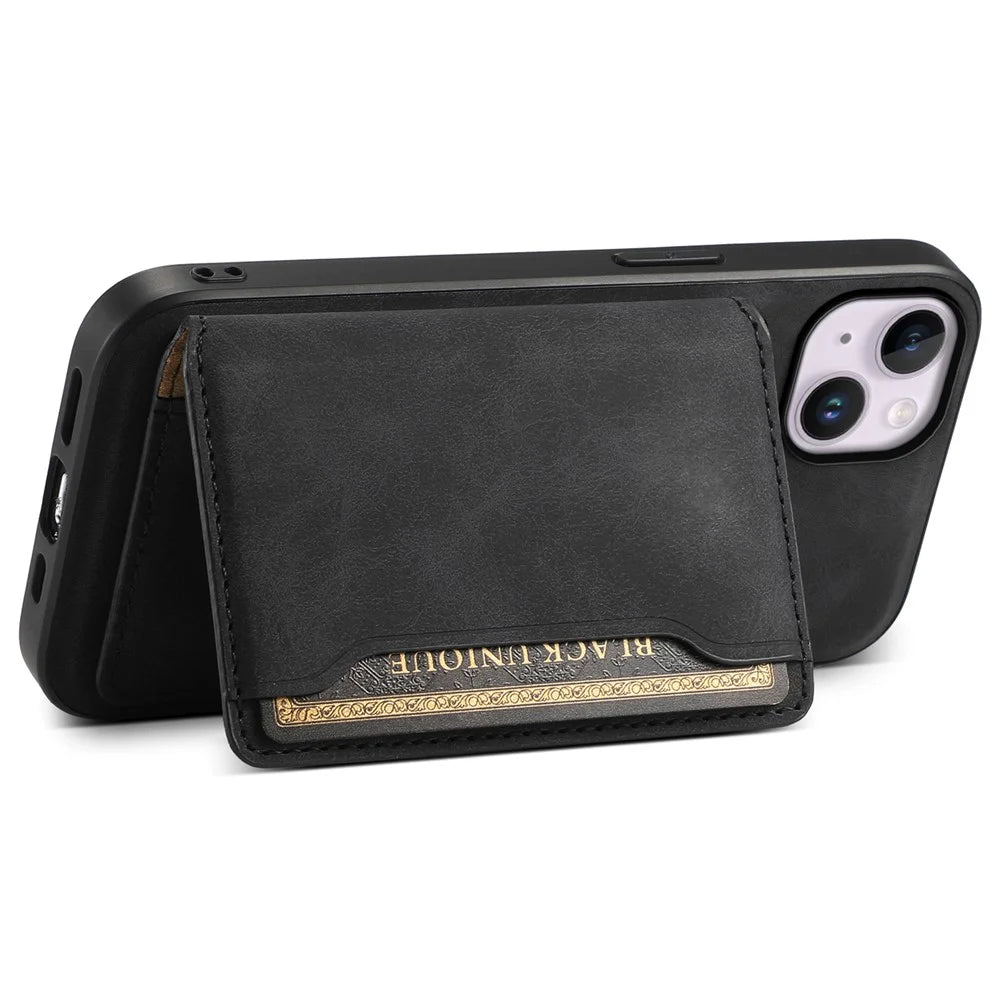 DENIOR D13 For iPhone 14 Plus Magnetic Leather+TPU+PC Bump Proof Phone Cover with Card Bag - Black - 2