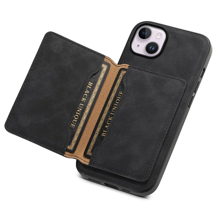 DENIOR D13 For iPhone 14 Plus Magnetic Leather+TPU+PC Bump Proof Phone Cover with Card Bag - Black - 3