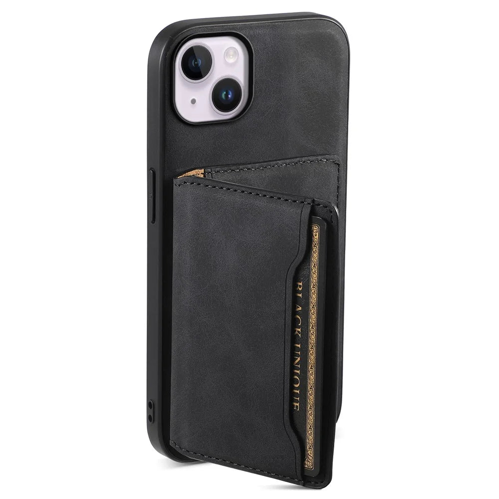 DENIOR D13 For iPhone 14 Plus Magnetic Leather+TPU+PC Bump Proof Phone Cover with Card Bag - Black - 4