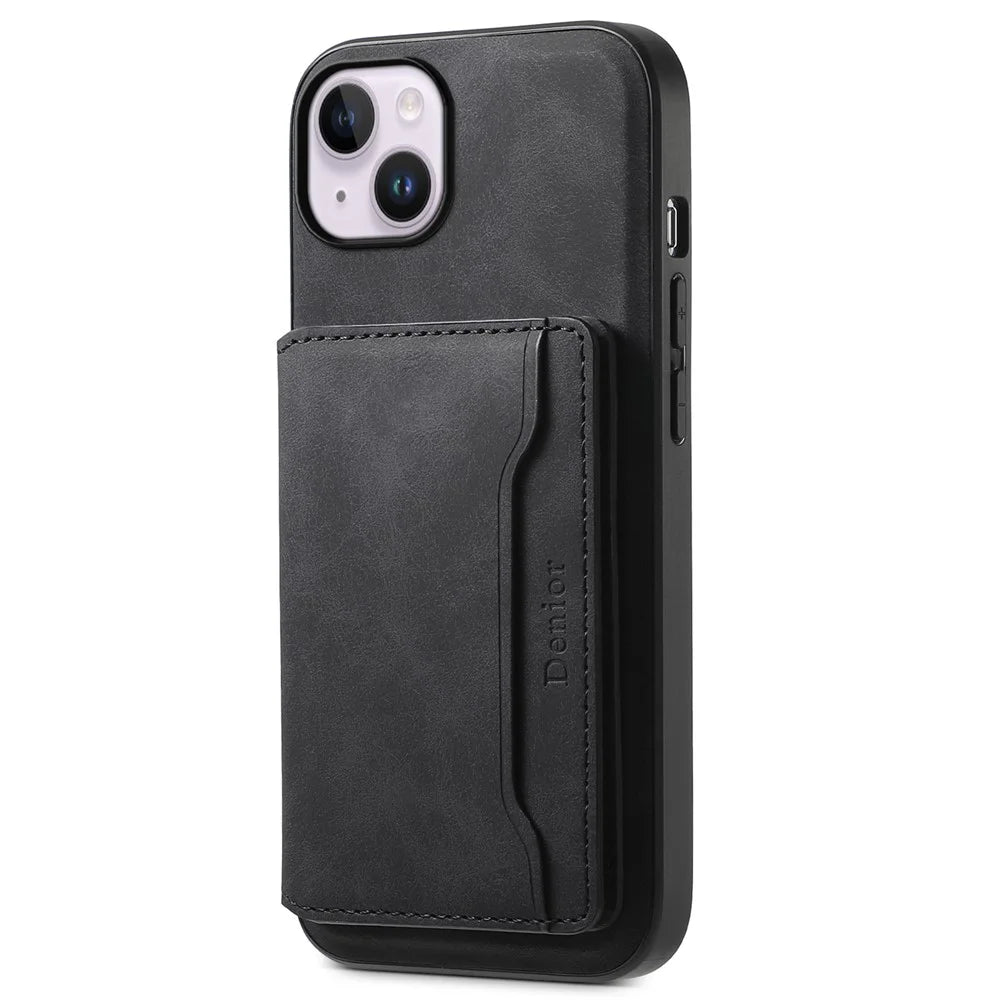 DENIOR D13 For iPhone 14 Plus Magnetic Leather+TPU+PC Bump Proof Phone Cover with Card Bag - Black - 5