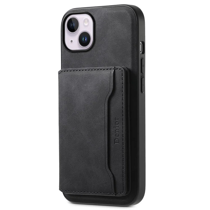 DENIOR D13 For iPhone 14 Plus Magnetic Leather+TPU+PC Bump Proof Phone Cover with Card Bag - Black - 5