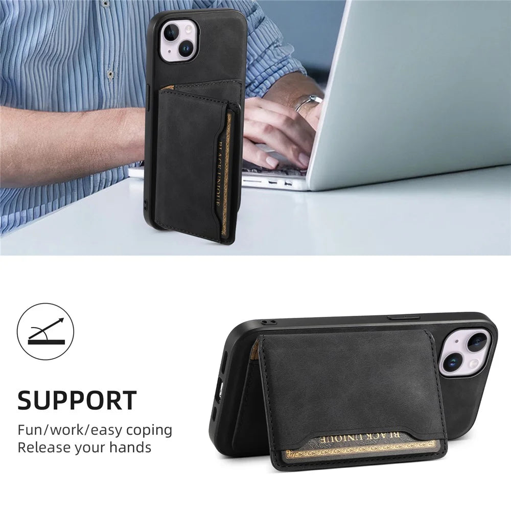 DENIOR D13 For iPhone 14 Plus Magnetic Leather+TPU+PC Bump Proof Phone Cover with Card Bag - Black - 6