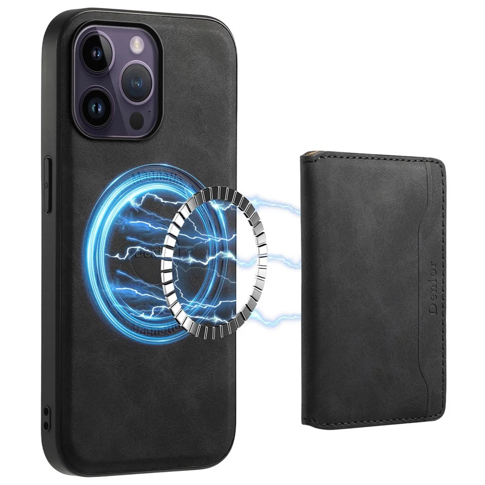 DENIOR D13 For iPhone 14 Pro Max Case Magnetic Retro Leather+TPU+PC Phone Cover with Detachable Card Bag - Black - 1