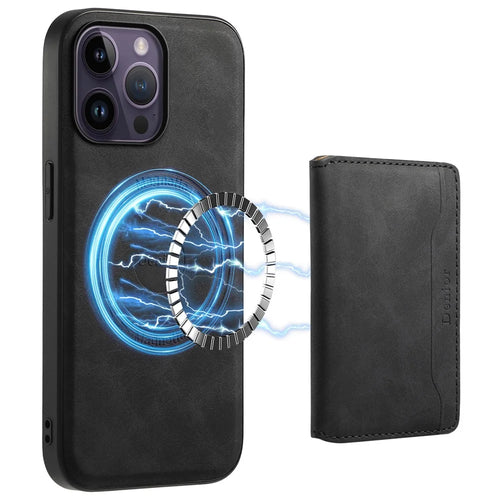 DENIOR D13 For iPhone 14 Pro Max Case Magnetic Retro Leather+TPU+PC Phone Cover with Detachable Card Bag - Black - 1