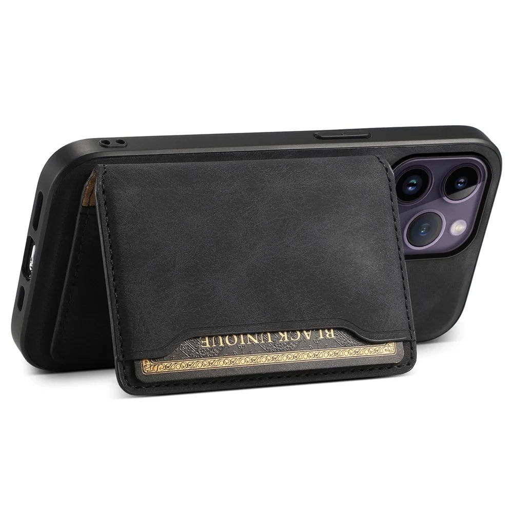 DENIOR D13 For iPhone 14 Pro Max Case Magnetic Retro Leather+TPU+PC Phone Cover with Detachable Card Bag - Black - 2