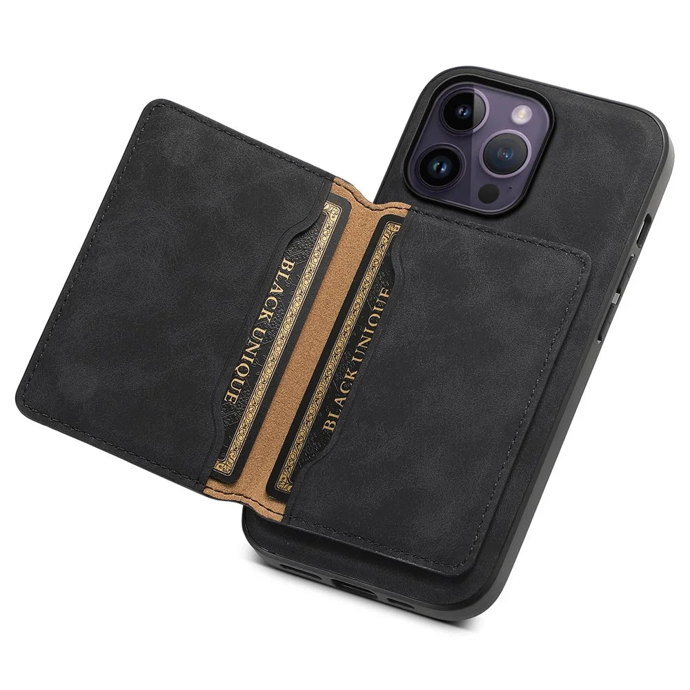 DENIOR D13 For iPhone 14 Pro Max Case Magnetic Retro Leather+TPU+PC Phone Cover with Detachable Card Bag - Black - 3