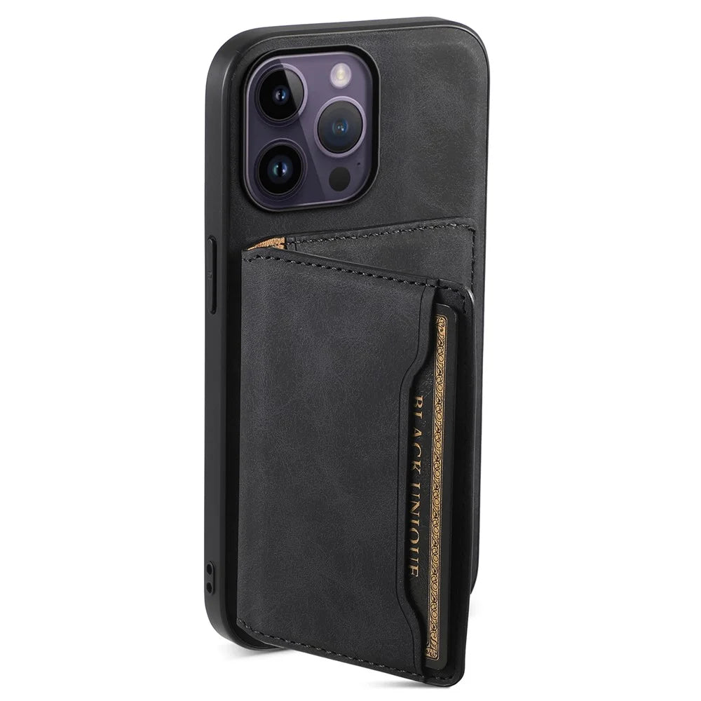 DENIOR D13 For iPhone 14 Pro Max Case Magnetic Retro Leather+TPU+PC Phone Cover with Detachable Card Bag - Black - 4
