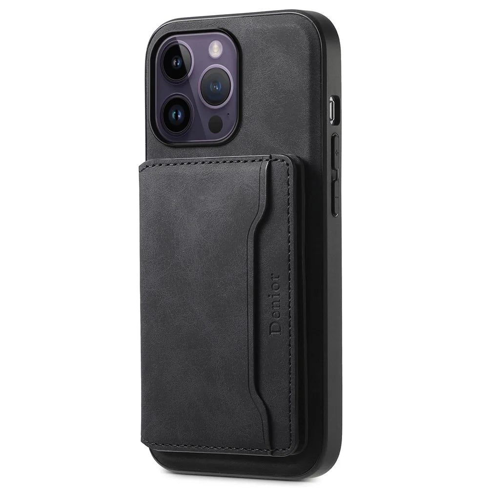 DENIOR D13 For iPhone 14 Pro Max Case Magnetic Retro Leather+TPU+PC Phone Cover with Detachable Card Bag - Black - 5