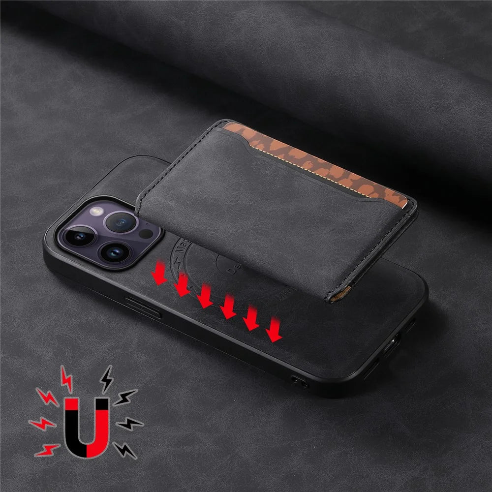 DENIOR D13 For iPhone 14 Pro Max Case Magnetic Retro Leather+TPU+PC Phone Cover with Detachable Card Bag - Black - 7
