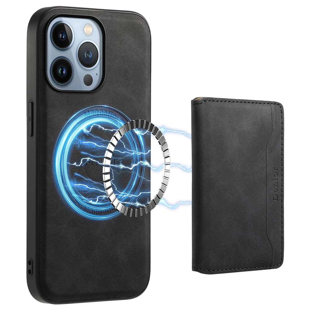 DENIOR D13 For iPhone 13 Pro Case Leather Phone Protective Cover with Detachable Magnetic Card Holder - Black - 1