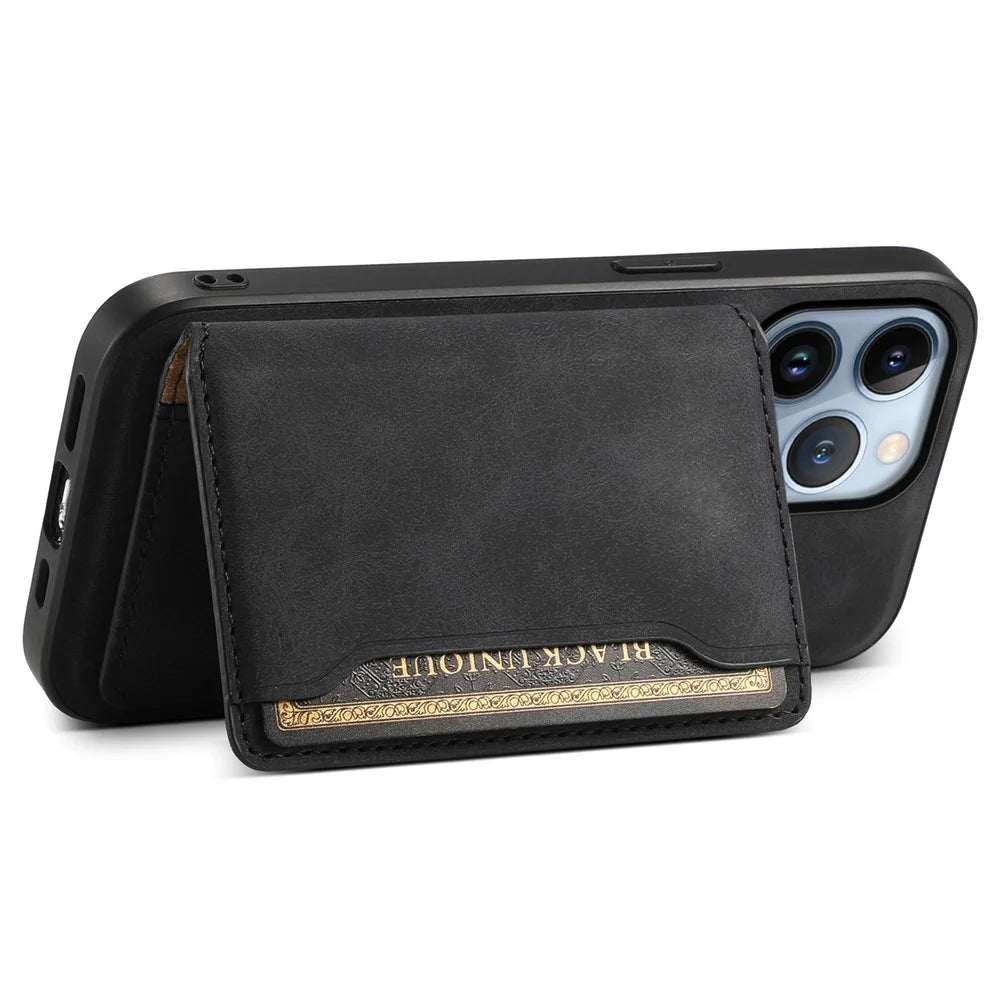 DENIOR D13 For iPhone 13 Pro Case Leather Phone Protective Cover with Detachable Magnetic Card Holder - Black - 2