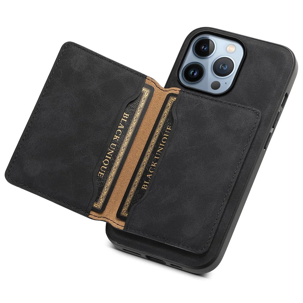 DENIOR D13 For iPhone 13 Pro Case Leather Phone Protective Cover with Detachable Magnetic Card Holder - Black - 3
