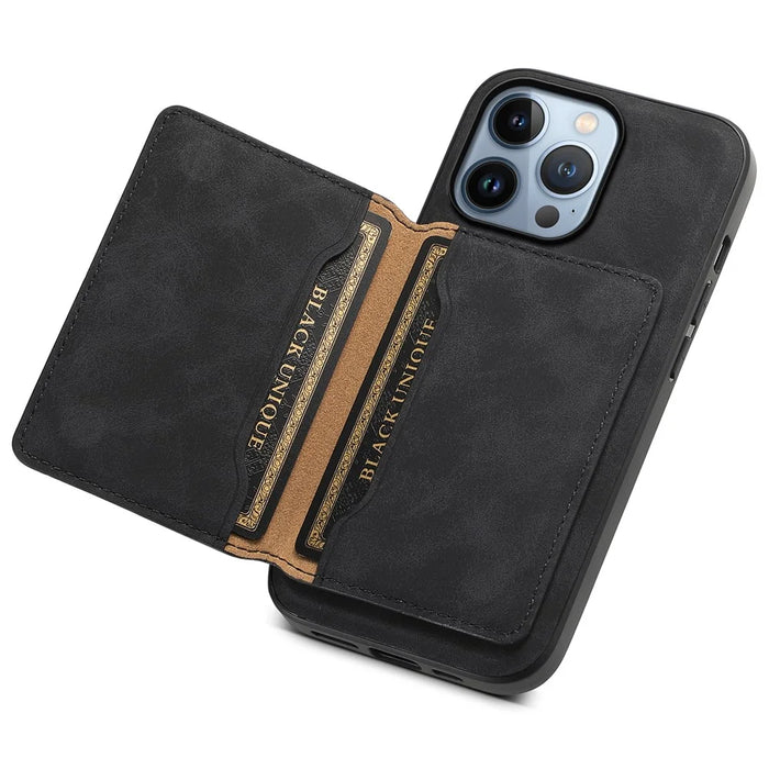 DENIOR D13 For iPhone 13 Pro Case Leather Phone Protective Cover with Detachable Magnetic Card Holder - Black - 3