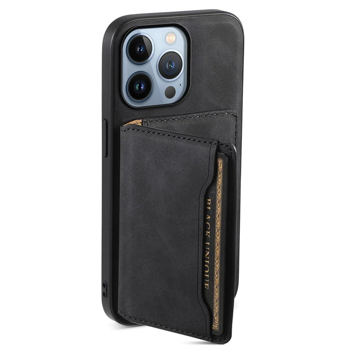 DENIOR D13 For iPhone 13 Pro Case Leather Phone Protective Cover with Detachable Magnetic Card Holder - Black - 4