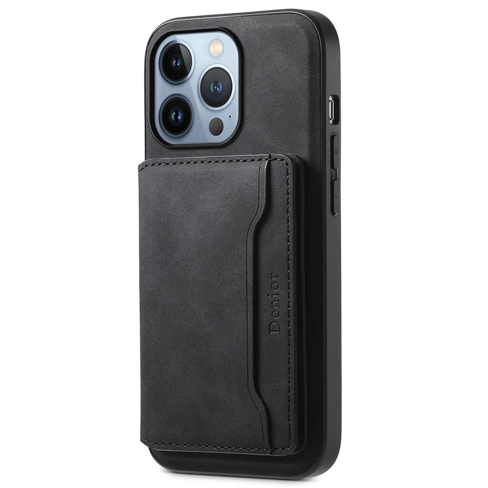 DENIOR D13 For iPhone 13 Pro Case Leather Phone Protective Cover with Detachable Magnetic Card Holder - Black - 5