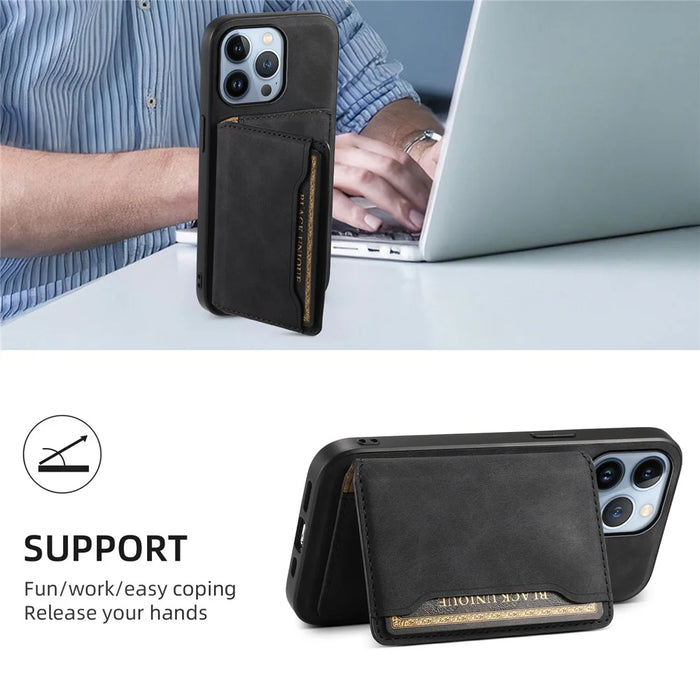 DENIOR D13 For iPhone 13 Pro Case Leather Phone Protective Cover with Detachable Magnetic Card Holder - Black - 6