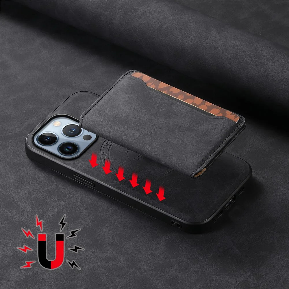 DENIOR D13 For iPhone 13 Pro Case Leather Phone Protective Cover with Detachable Magnetic Card Holder - Black - 7