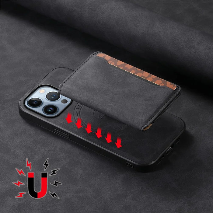 DENIOR D13 For iPhone 13 Pro Case Leather Phone Protective Cover with Detachable Magnetic Card Holder - Black - 7