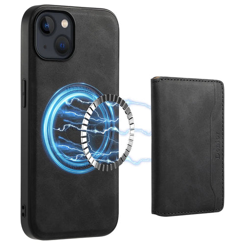 DENIOR D13 For iPhone 13 / 14 Case Leather Back Phone Cover with Detachable Magnetic Card Holder - Black - 1