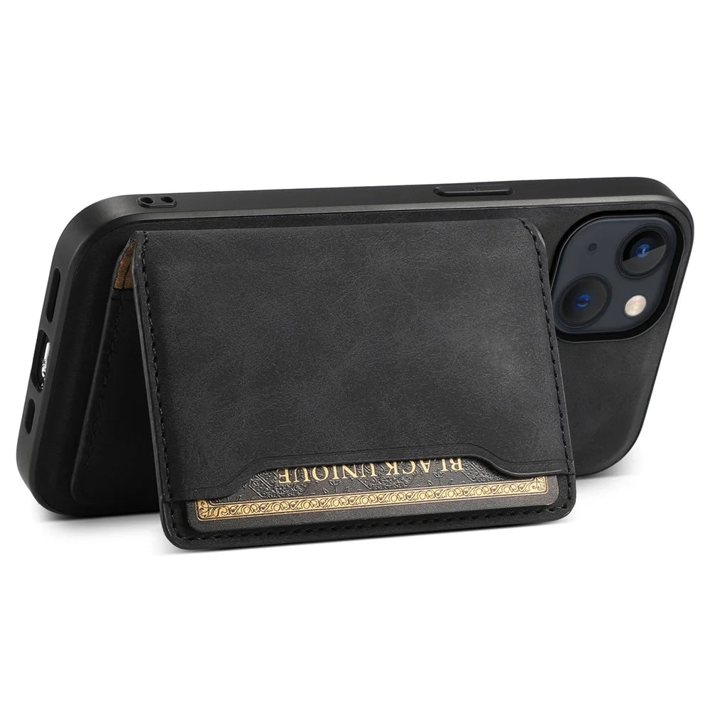 DENIOR D13 For iPhone 13 / 14 Case Leather Back Phone Cover with Detachable Magnetic Card Holder - Black - 2