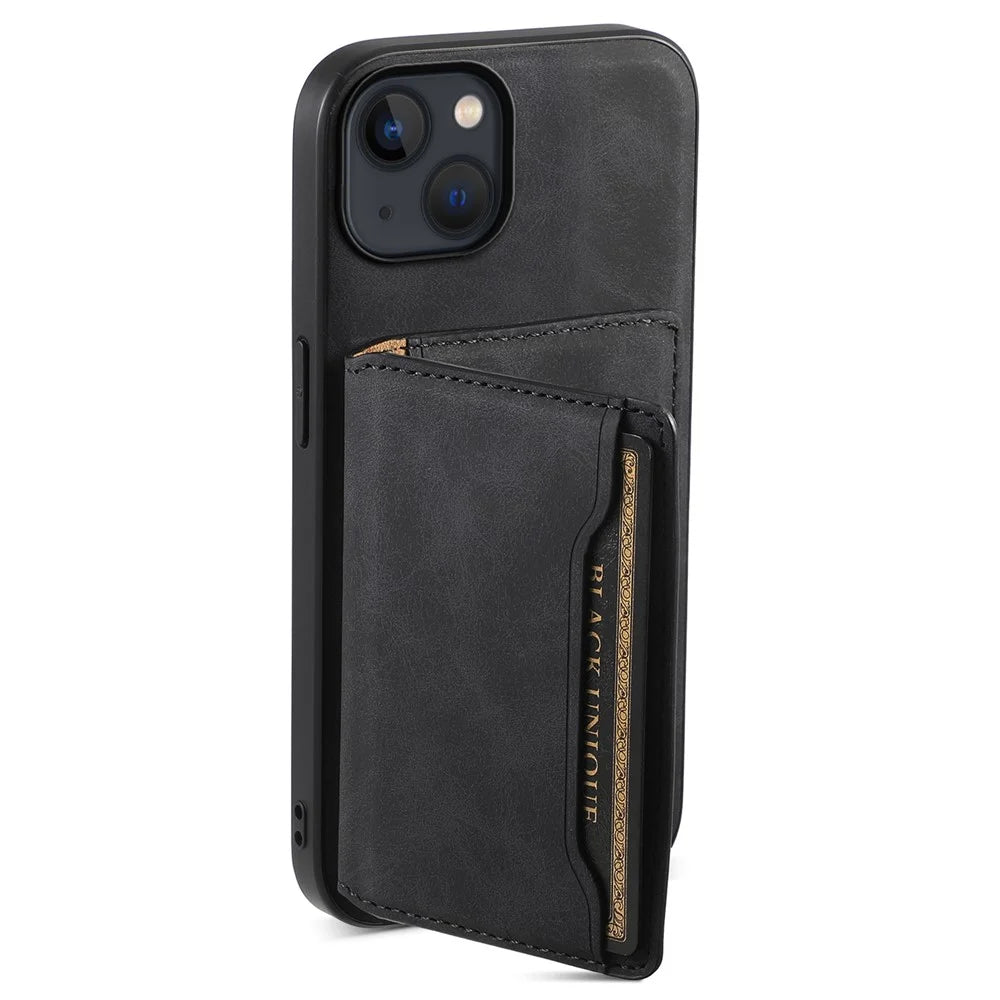 DENIOR D13 For iPhone 13 / 14 Case Leather Back Phone Cover with Detachable Magnetic Card Holder - Black - 4