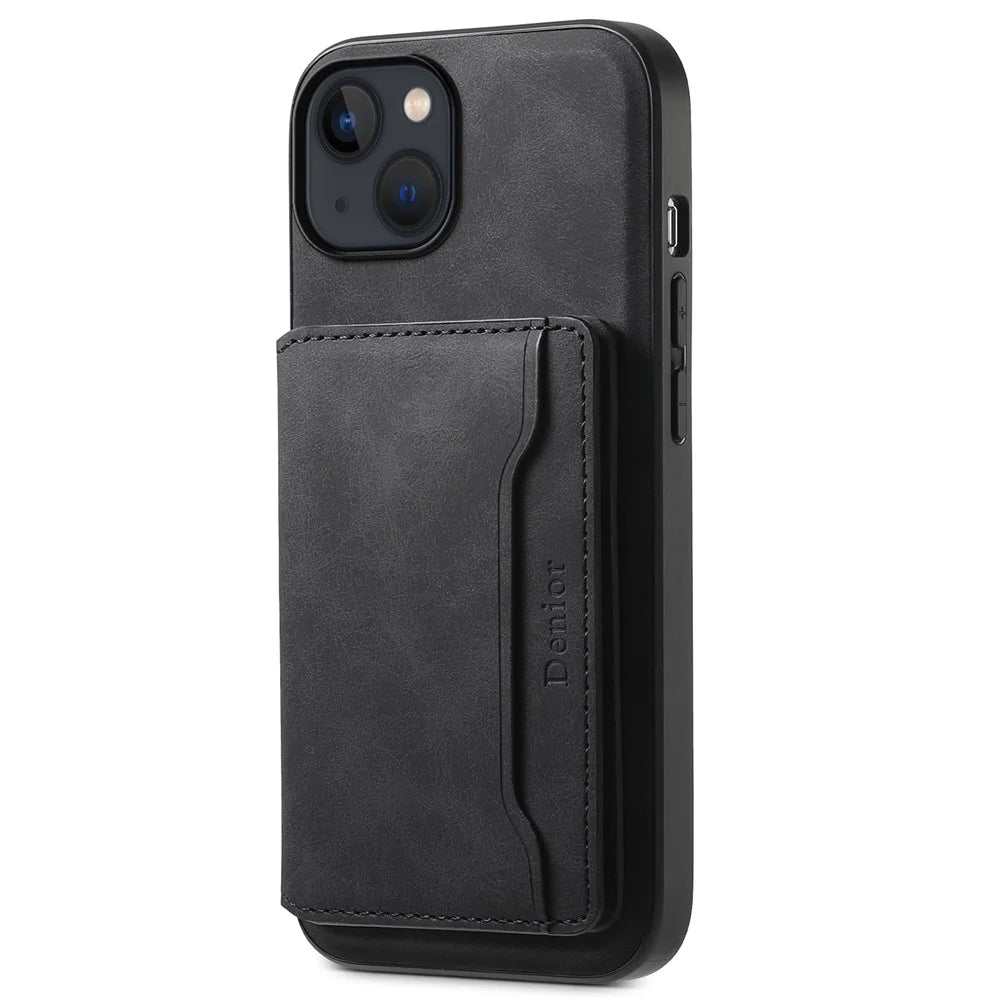 DENIOR D13 For iPhone 13 / 14 Case Leather Back Phone Cover with Detachable Magnetic Card Holder - Black - 5