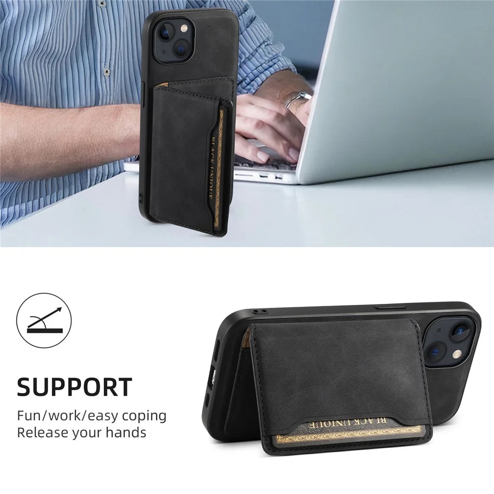 DENIOR D13 For iPhone 13 / 14 Case Leather Back Phone Cover with Detachable Magnetic Card Holder - Black - 6