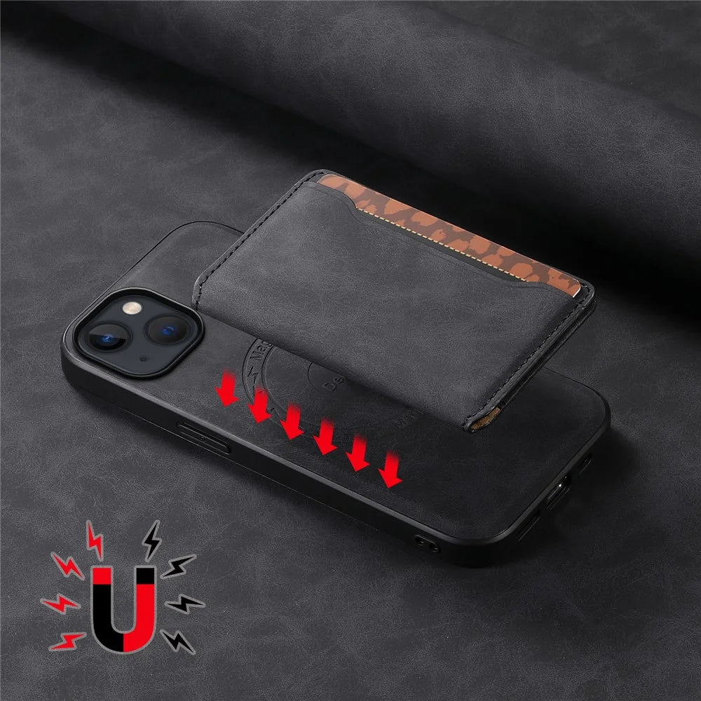 DENIOR D13 For iPhone 13 / 14 Case Leather Back Phone Cover with Detachable Magnetic Card Holder - Black - 7