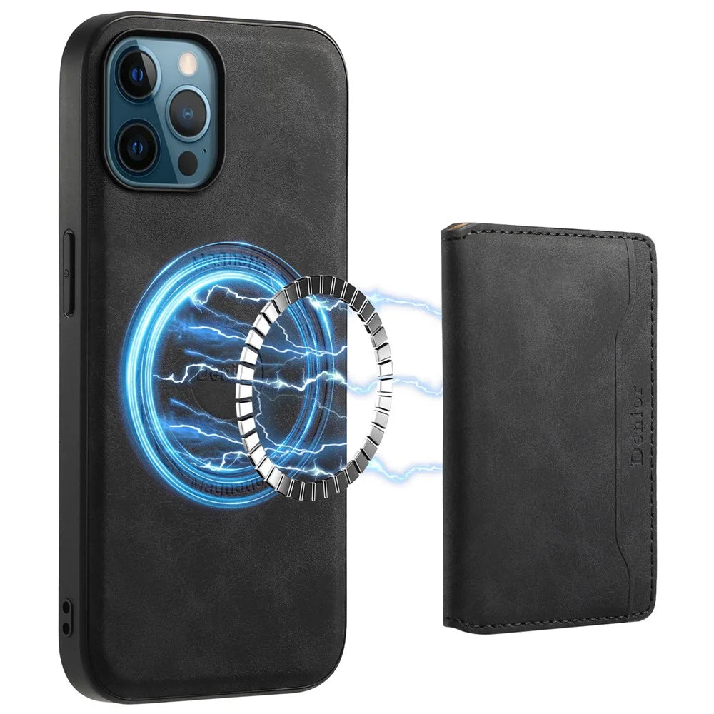 DENIOR D13 For iPhone 12 Pro Max Case Retro Texture PU+TPU+PC Magnetic Phone Case with Card Bag - Black - 1