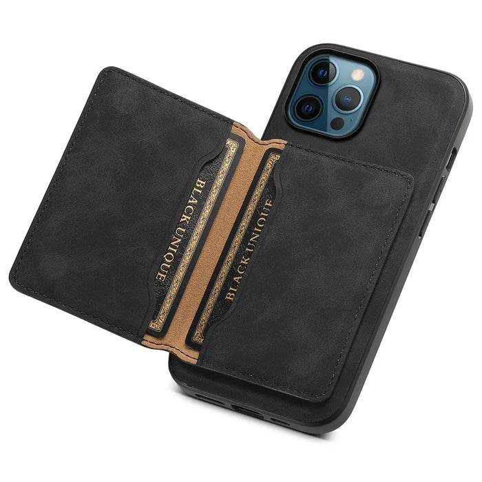 DENIOR D13 For iPhone 12 Pro Max Case Retro Texture PU+TPU+PC Magnetic Phone Case with Card Bag - Black - 3