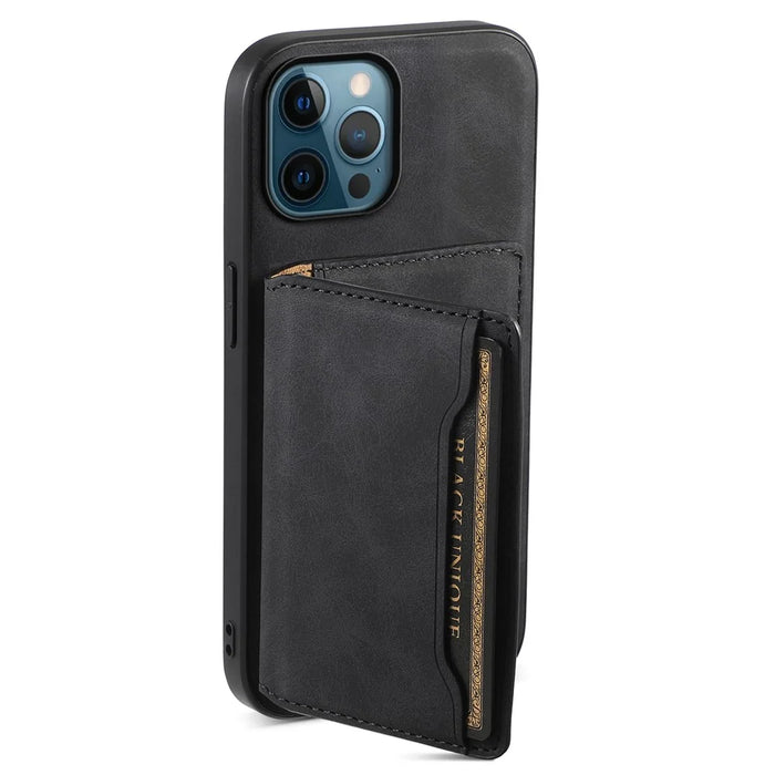 DENIOR D13 For iPhone 12 Pro Max Case Retro Texture PU+TPU+PC Magnetic Phone Case with Card Bag - Black - 4