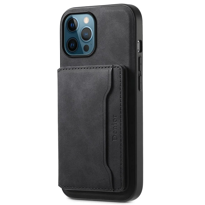 DENIOR D13 For iPhone 12 Pro Max Case Retro Texture PU+TPU+PC Magnetic Phone Case with Card Bag - Black - 5