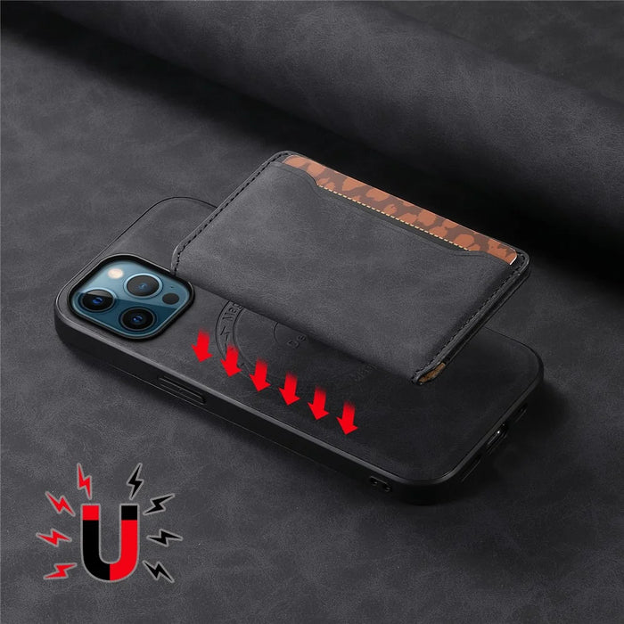 DENIOR D13 For iPhone 12 Pro Max Case Retro Texture PU+TPU+PC Magnetic Phone Case with Card Bag - Black - 7