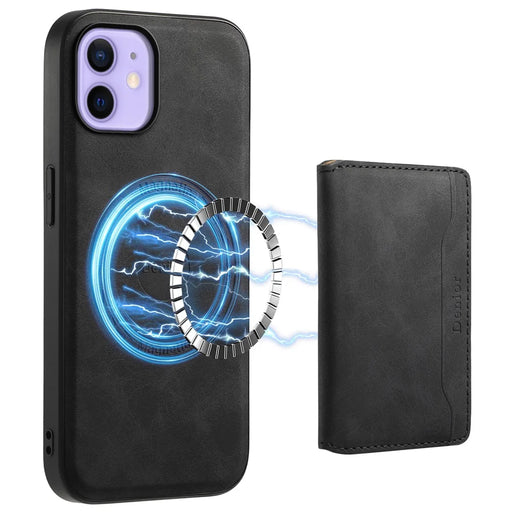 DENIOR D13 For iPhone 12 / 12 Pro Case Vintage PU Leather Back Cover with Detachable Card Holder - Black - 1
